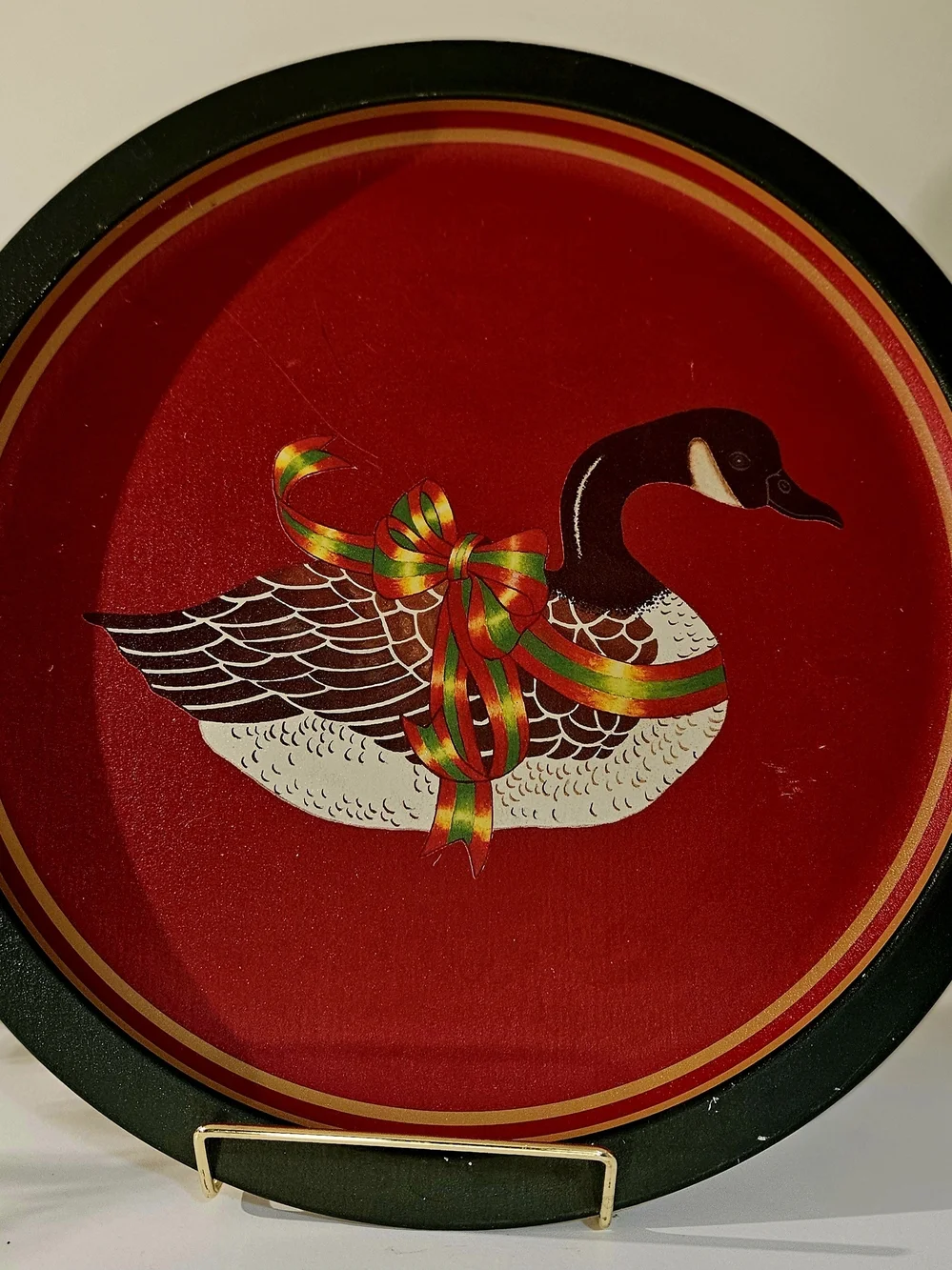 Vintage 1988 Wang’s Int’l Christmas Goose Metal Tray 12” Taiwan Holiday Decor
